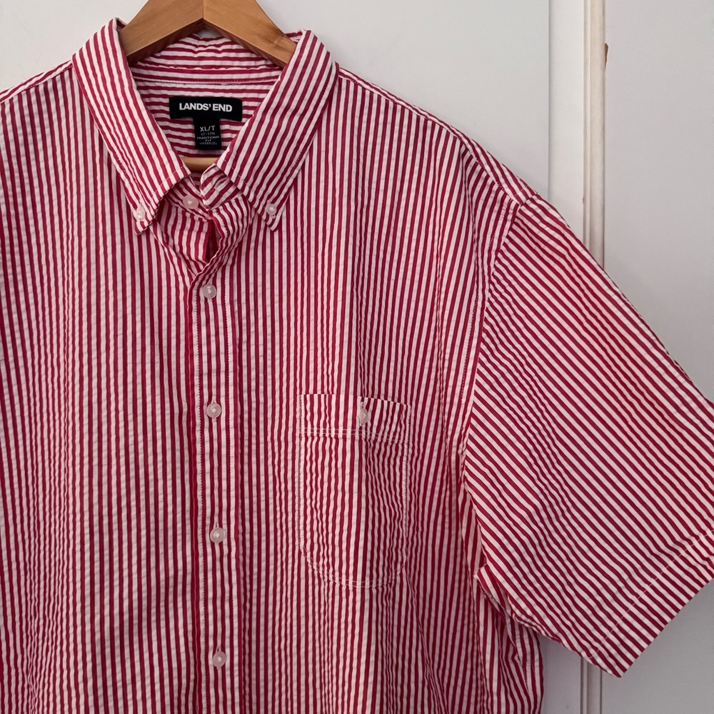 Lands End red seersucker button down short sleeve shirt XLT